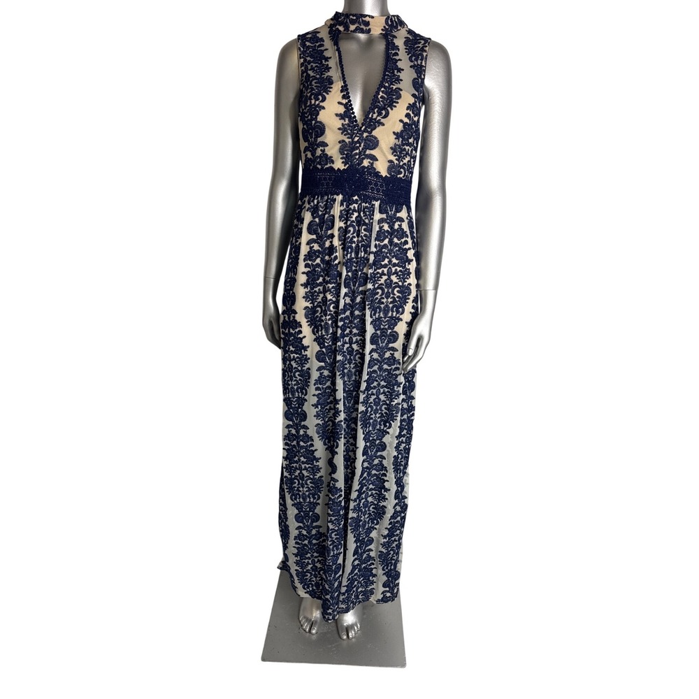 Grayson Womens Navy Blue‎ Lace Overlay Mock Neck Keyhole Maxi Dress Size M